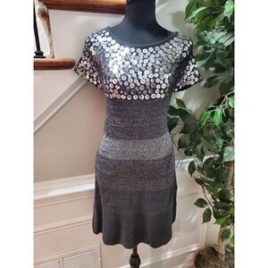 Lapis Women Gray Sequin & Cotton Round Neck Short Sleeve Knee Length Dress L